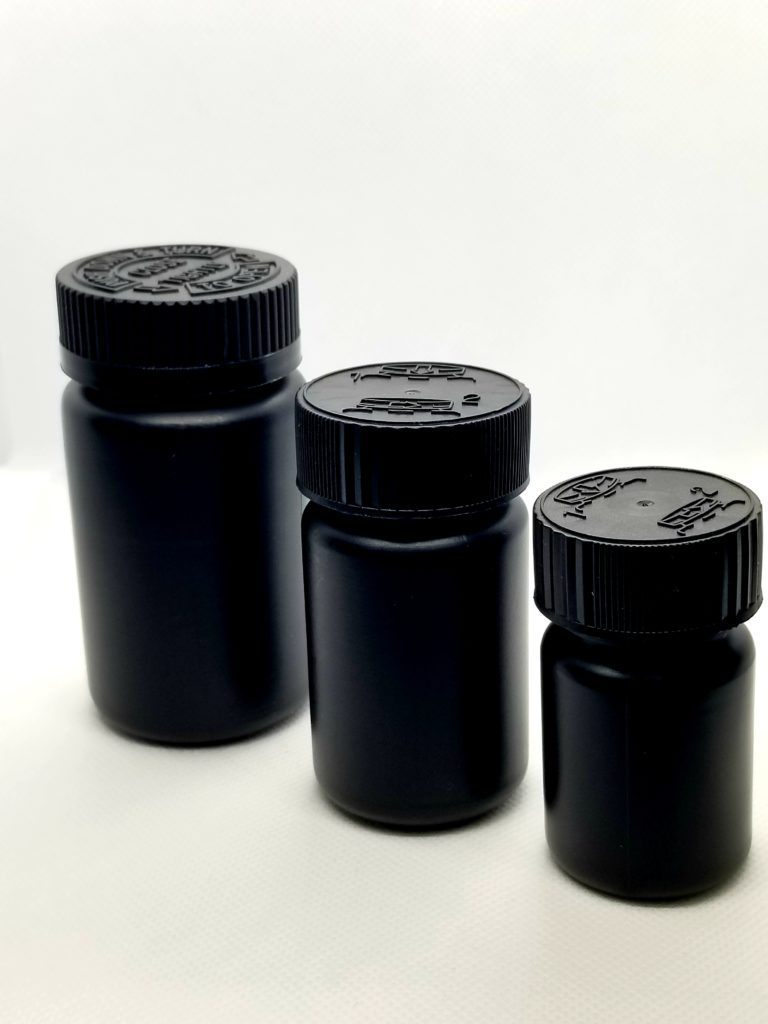 Black HDPE Pill bottles with presure senstive cap